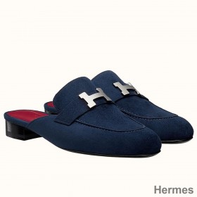 Hermes Trocadero Mules In Blue Suede