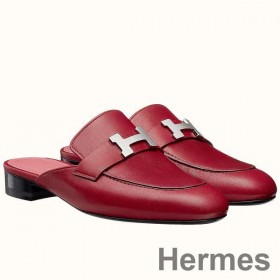 Hermes Trocadero Mules In Red Goatskin