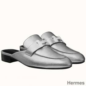Hermes Trocadero Mules In Silver Nappa Leather