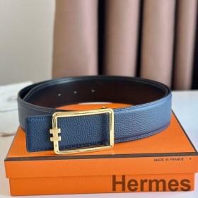 Hermes Tube H Reversible Belt 38MM in Blue Clemence Leather