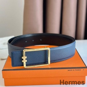 Hermes Tube H Reversible Belt 38MM in Blue Clemence Leather
