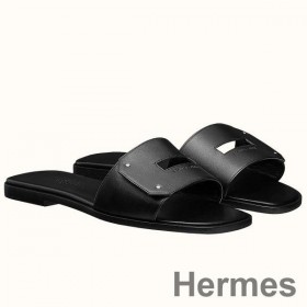 Hermes View Sandals In Black Calfskin leather