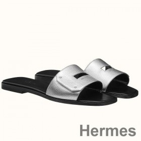 Hermes View Sandals In Silver Epsom Leather