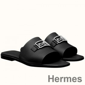 Hermes Villa Sandals In Black Calfskin