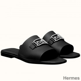 Hermes Villa Sandals In Black Calfskin
