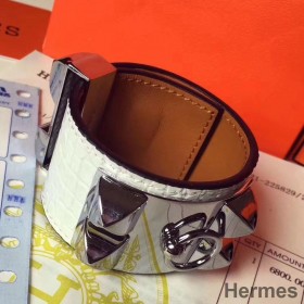 Hermes White Crocodile Collier de Chien Bracelet Size S
