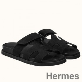Hermes Women's Chypre Sandals In Black Suede Calfskin