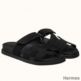 Hermes Women's Chypre Sandals In Black Suede Calfskin