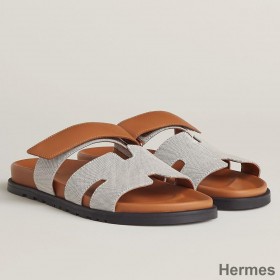 Hermes Women's Chypre Sandals In Canvas with Brown Leather