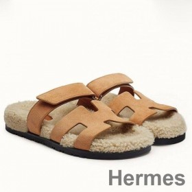 Hermes Women's Chypre Sandals in Beige Suede with Shearling