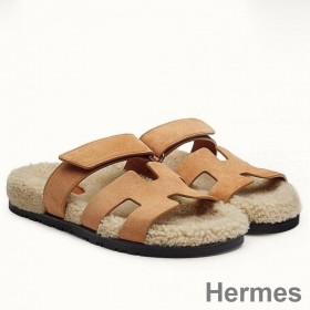 Hermes Women's Chypre Sandals in Beige Suede with Shearling