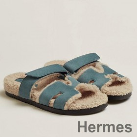 Hermes Women's Chypre Sandals in Blue Suede with Shearling