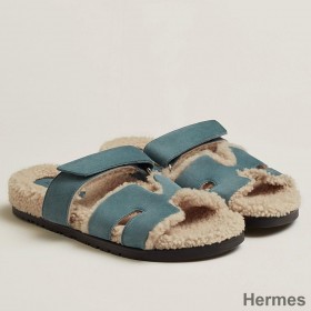 Hermes Women's Chypre Sandals in Blue Suede with Shearling