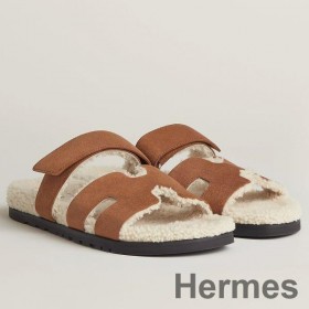 Hermes Women's Chypre Sandals in Tan Suede with Shearling