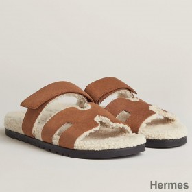 Hermes Women's Chypre Sandals in Tan Suede with Shearling
