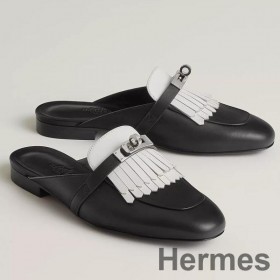 Hermes Women's Oz Mules with Fringed in Black/White Leather
