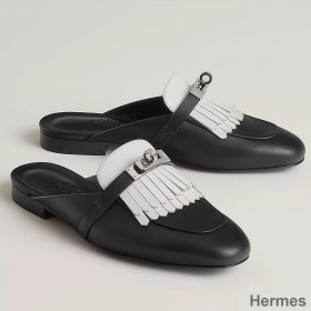 Hermes Women's Oz Mules with Fringed in Black/White Leather