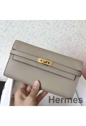 Hermes Kelly Classic Long Wallet In Grey Epsom Leather