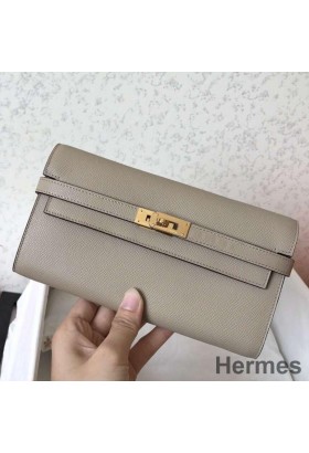 Hermes Kelly Classic Long Wallet In Grey Epsom Leather