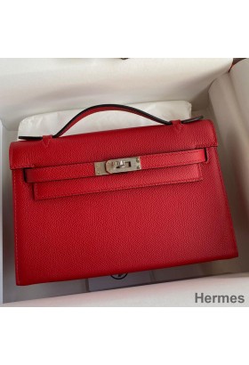 Hermes Kelly Pochette Handmade Bag In Red Epsom Calfskin