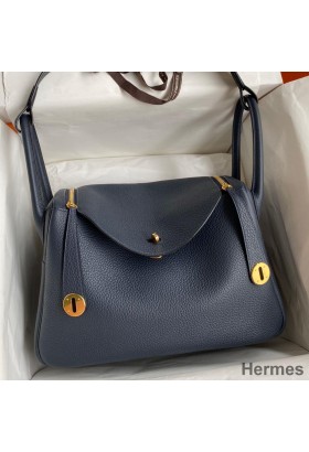 Hermes Lindy 30 Handmade Bag In Blue Nuit Clemence Leather