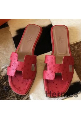 Hermes Oran Sandals In Red Ostrich Leather