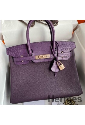 Hermes Touch Birkin 30 Bag in Raisin Clemence and Matte Alligator Leather