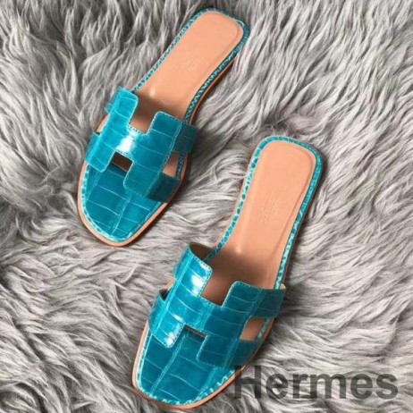 Hermes Oran Sandaler I Blå Paon Skinnende Niloticus Krokodille