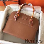 Hermes Bolide 35 Håndlavet Taske I Guld Clemence Læder