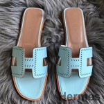 Hermes Oran Perforeret Sandaler I Blue Atoll Epsom Læder