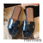 Hermes Oran Sandaler I Skinnende Blå Niloticus Krokodille