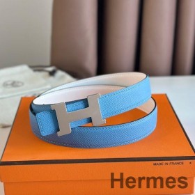 Hermes Mini Constance 24mm Bælte i Blåt Epsom Læder og Hvid Swift Læder