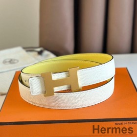 Hermes Mini Constance 24mm Bælte i Hvid Epsom Læder og Gul Hurtig Læder