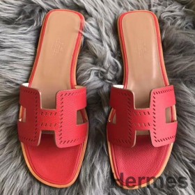 Hermes Oran Perforeret Sandaler I Rød Epsom Læder