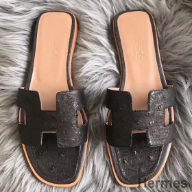Hermes Oran Sandaler I Sort Struds Læder