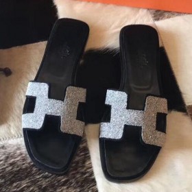 Hermes Oran Sandaler I Sort Ruskind Med Krystal