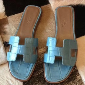 Hermes Oran Sandaler I Celeste Skinnende Niloticus Krokodille