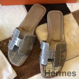 Hermes Oran Sandaler I Grå Shiny Niloticus Krokodille