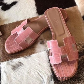 Hermes Oran Sandaler I Pink Shiny Niloticus Krokodille