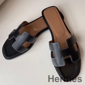 Hermes Oran Slide Sandaler I Sort Swift Kalveskind
