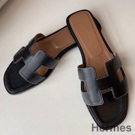 Hermes Oran Slide Sandaler I Sort Swift Kalveskind