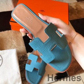 Hermes Oran Slide Sandaler I Blue Jean Clemence Læder