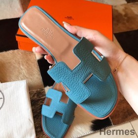 Hermes Oran Slide Sandaler I Blue Jean Clemence Læder