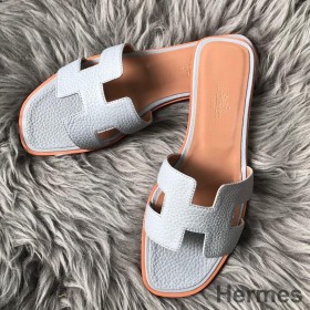 Hermes Oran Slide Sandaler I Blå Lin Clemence Læder