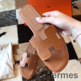 Hermes Oran Slide Sandaler I Guld Epsom Perforeret Kalveskind