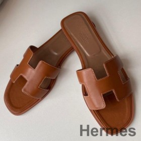 Hermes Oran Slide Sandaler I Guld Swift Kalveskind